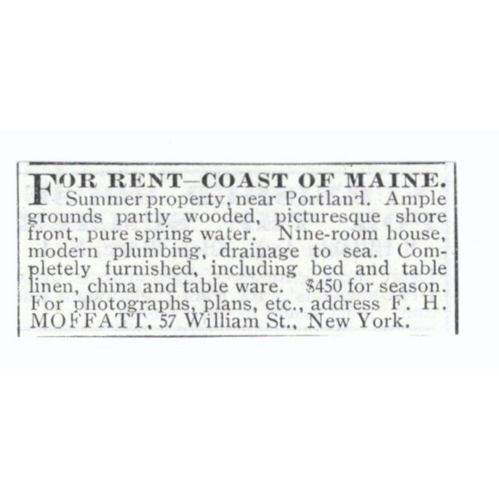 Summer Property Portland Maine F.H. Moffatt NY 1903 Magazine Ad AF7-SS3